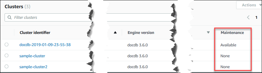Console screenshot showing Amazon DocumentDB cluster maintenance field.