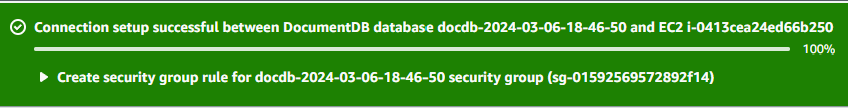 Confirmation message for a successful connection setup between the Amazon DocumentDB database and the EC2 instance.