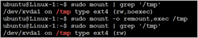 Terminal commands showing mount command output filtered for tmp directory entries.