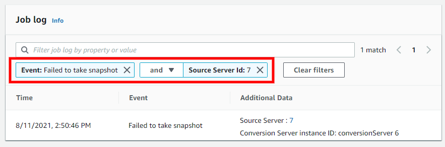 Job log filtered by Event: Failed to take snapshot and Source Server Id: 7.