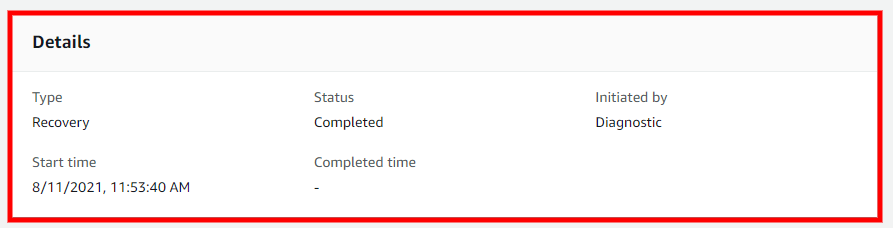 Details section showing Recovery type, Completed status, Diagnostic initiator, and start time.