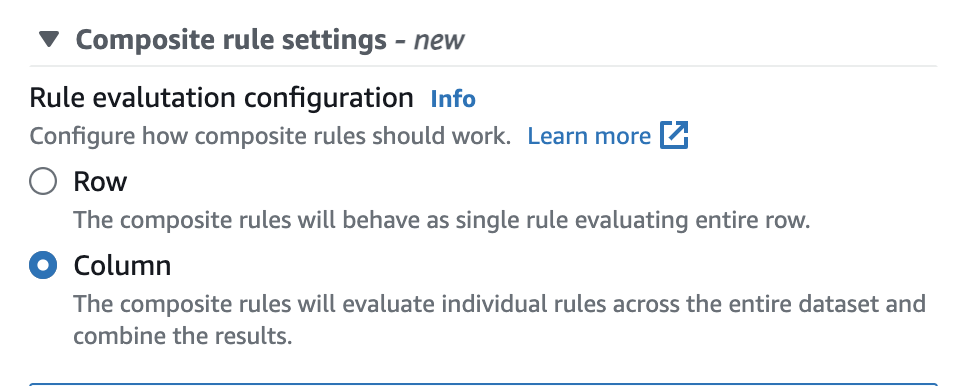 Der Screenshot zeigt ein Einstellungsfenster für zusammengesetzte Regeln, in dem Sie die Konfiguration der Regelauswertung zwischen Zeile und Spalte auswählen können. Wenn Sie „Zeile“ wählen, verhalten sich die zusammengesetzten Regeln wie eine einzelne Regel, die die gesamte Zeile auswertet. Wenn Sie „Spalte“ wählen, werten die zusammengesetzten Regeln einzelne Regeln für den gesamten Datensatz aus und kombinieren die Ergebnisse.