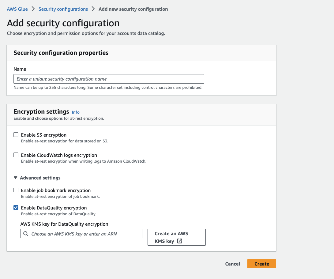 Der Screenshot zeigt die Seite „Hinzufügen von Sicherheitskonfiguration“ Die Option DataQuality Verschlüsselung aktivieren ist ausgewählt.