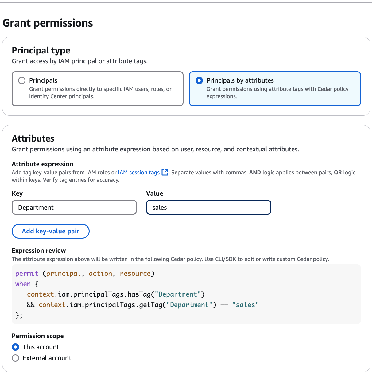 Im Dialogfeld „Berechtigungen gewähren“ wird ein Attributausdruck erstellt.