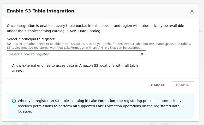 Der Bildschirm „S3-Integration mit IAM-Rolle aktivieren“.