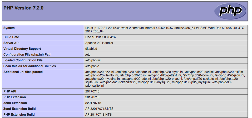 Test of LAMP server shows the PHP information page.