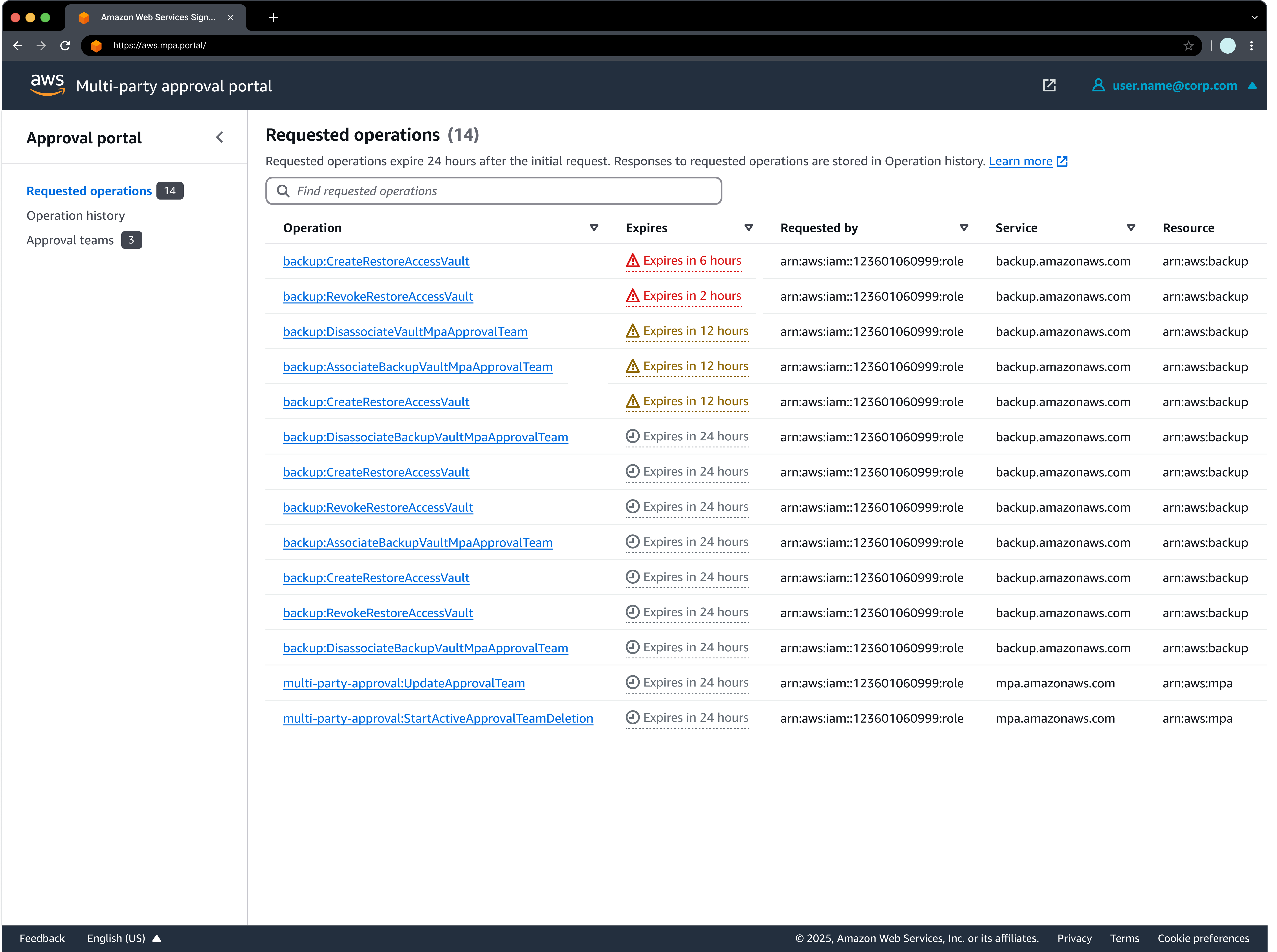 Multi-party approval portal showing requested operations with expiration times and service details.