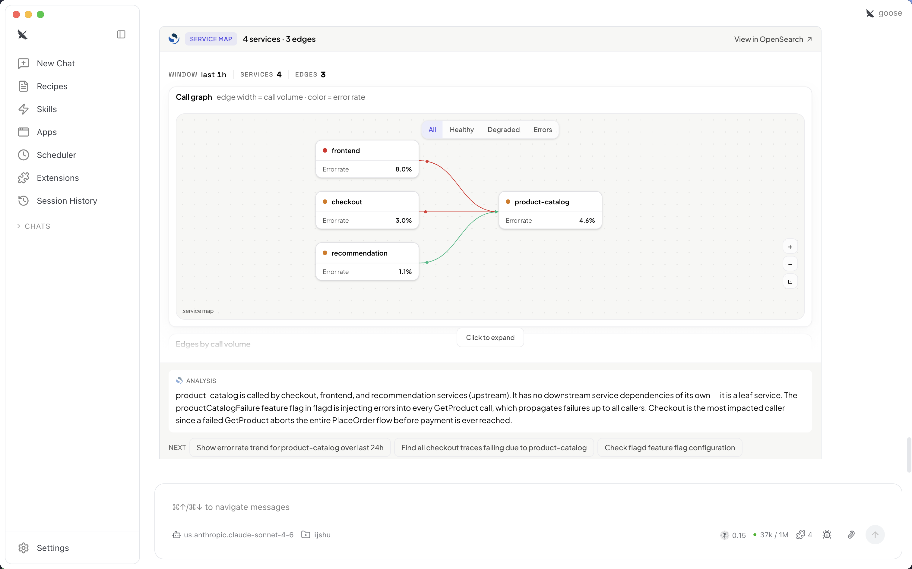 Die MCP App-Servicekarte zeigt ein Anrufdiagramm mit Fehlerraten und Abhängigkeitsgrenzen pro Dienst.