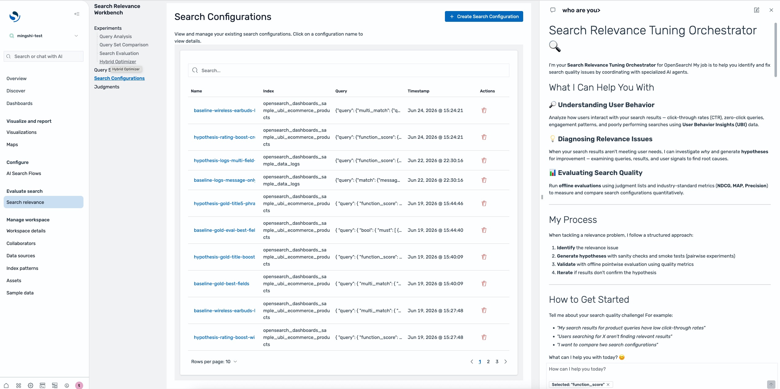 Die Search Relevance Workbench zeigt Suchkonfigurationen, die Navigation der Experimente und das Chat-Panel von AI Assistant.