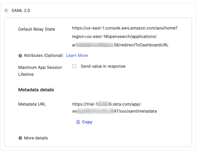 Im Bereich „SAML 2.0" werden die Standard-Relay-Status-URL und die Metadaten-URL für eine Anwendung gemeldet.