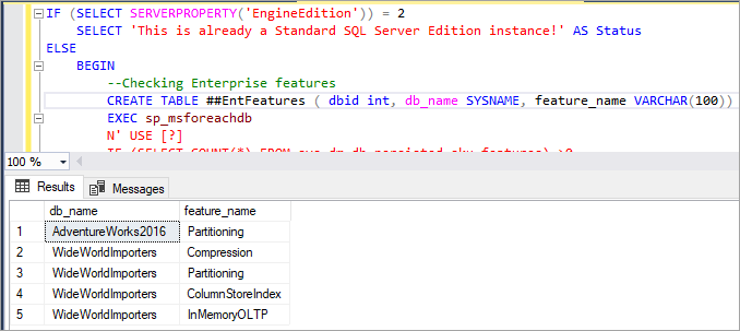 Script results listing databases that have dependencies on Enterprise edition.