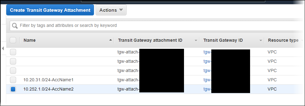 Console showing attachments without Name tags and two attachments with Name tags.