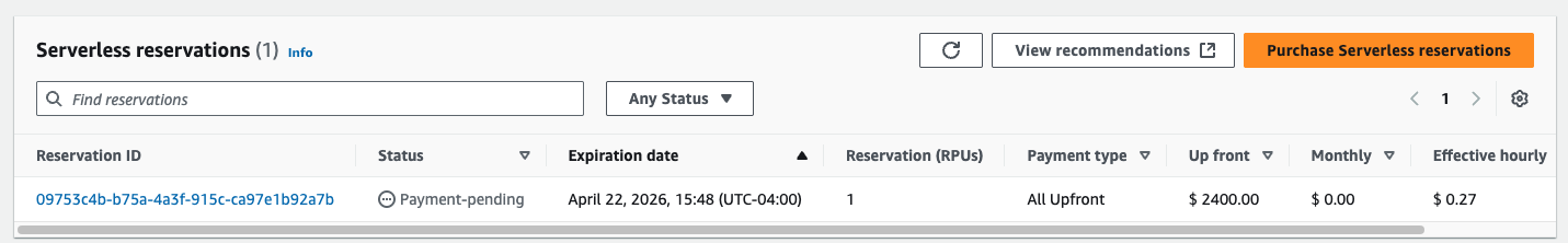 Serverless reservations table showing one payment-pending reservation with details.