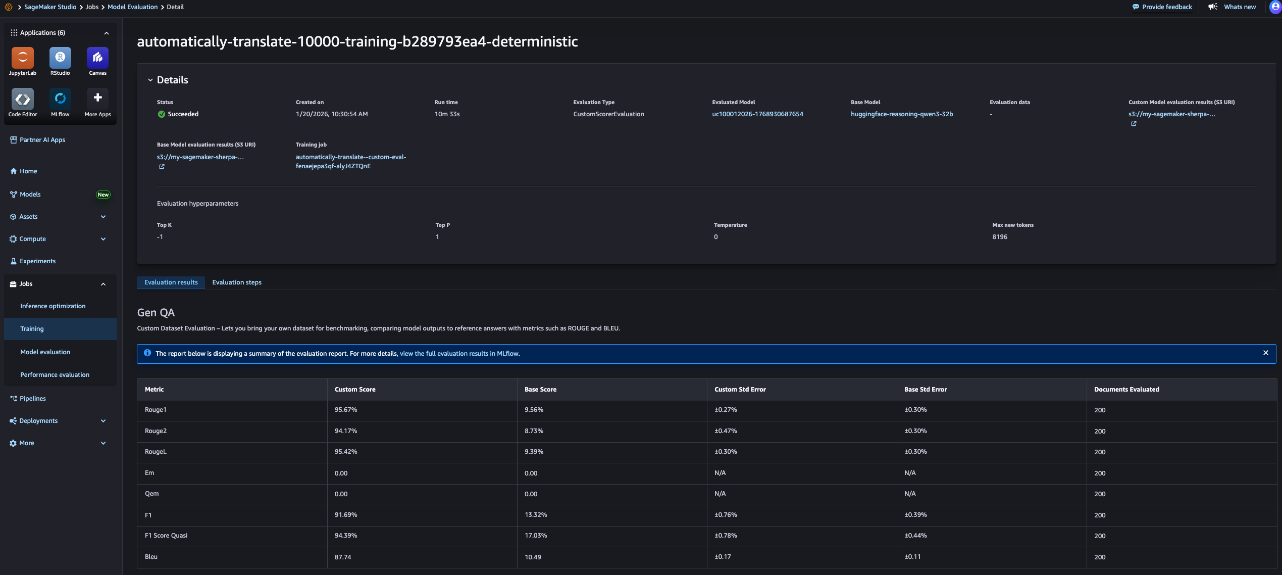 Beispiel für Leistungskennzahlen für einen benutzerdefinierten Gen-QA-Benchmark, visualisiert in Studio. SageMaker
