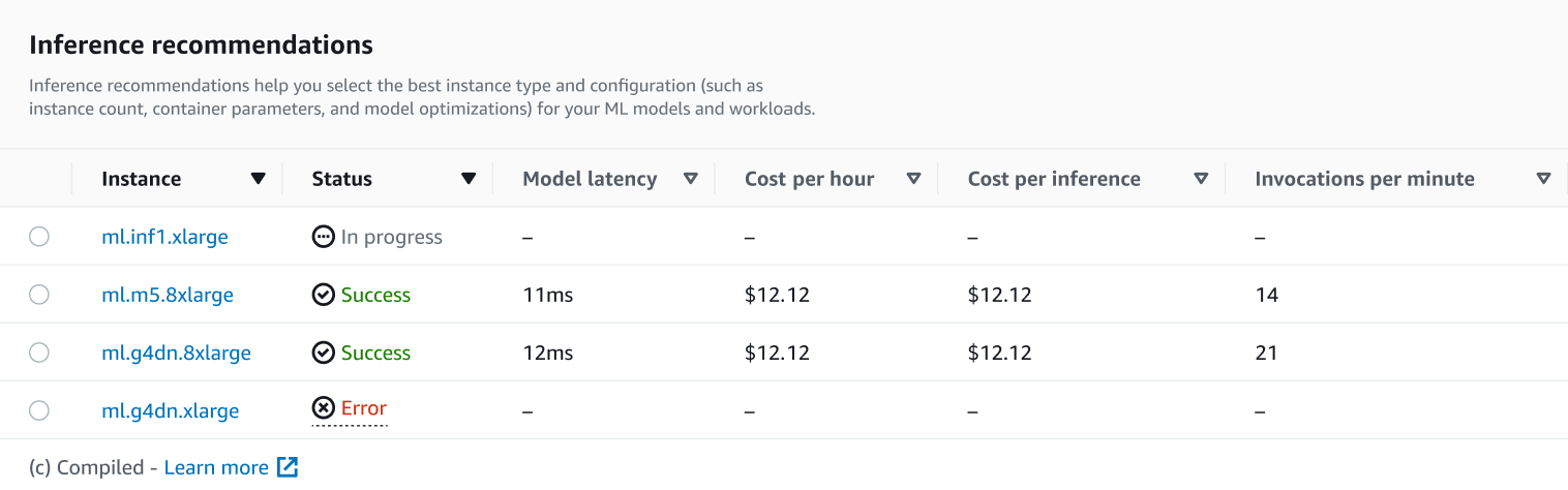 Screenshot der Liste der Inferenzempfehlungen auf der Seite mit den Auftragsdetails in der SageMaker-AI-Konsole.