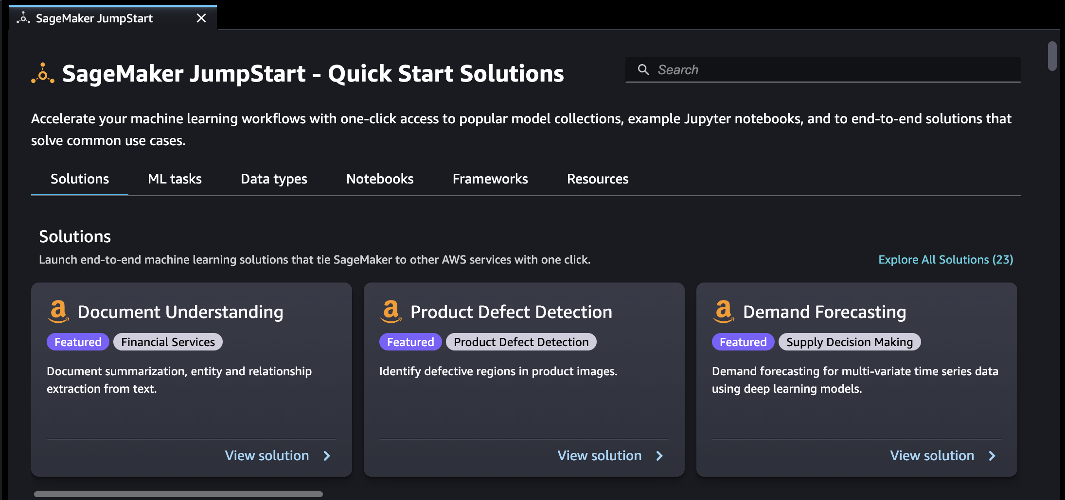 Startseite von SageMaker Studio Classic JumpStart