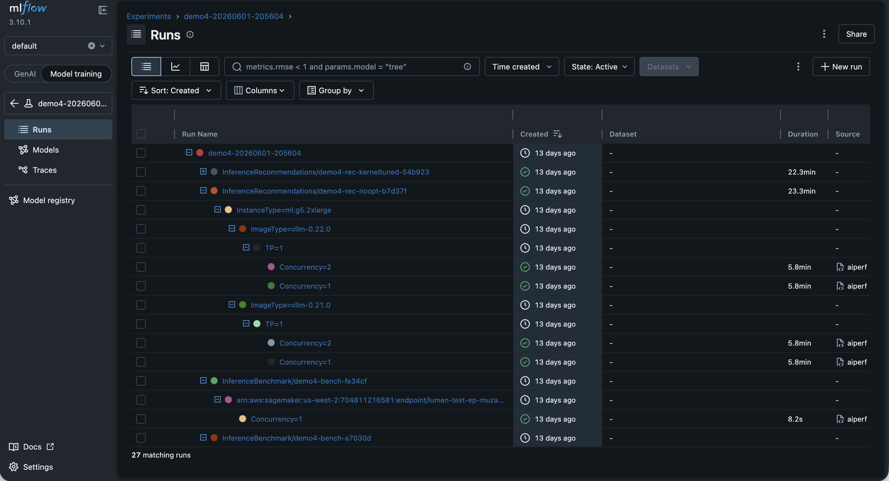 Die Ansicht MLflow UI Runs zeigt eine Ausführung auf oberster Ebene, die zu verschachtelten untergeordneten Läufen für die Stufen pro Job, Instanztyp, Image-Typ und Parallelität erweitert wird.