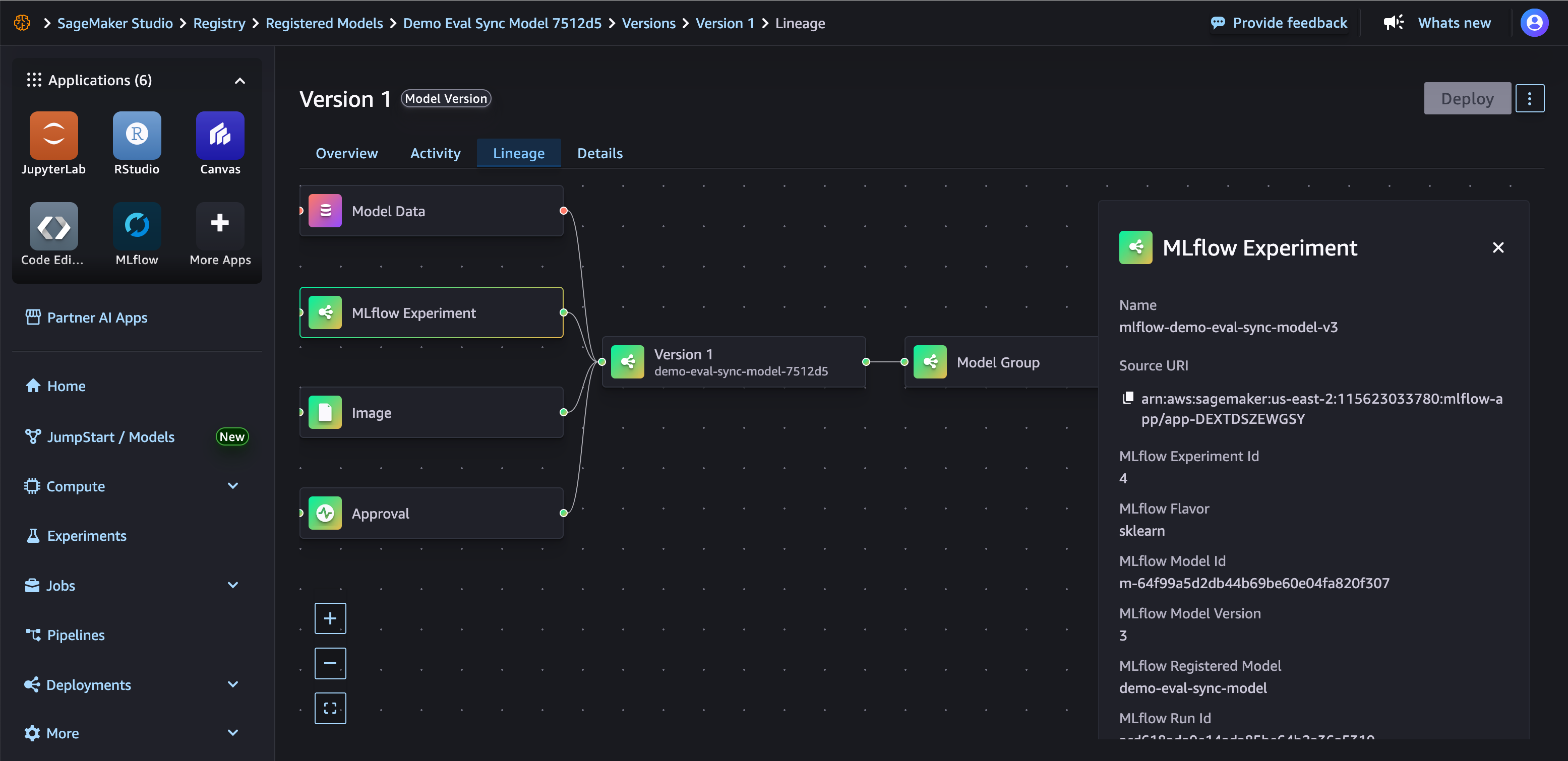 Das Model-Abstammungsdiagramm, das die Assoziation zwischen MLflow-Experimenten in Studio zeigt.