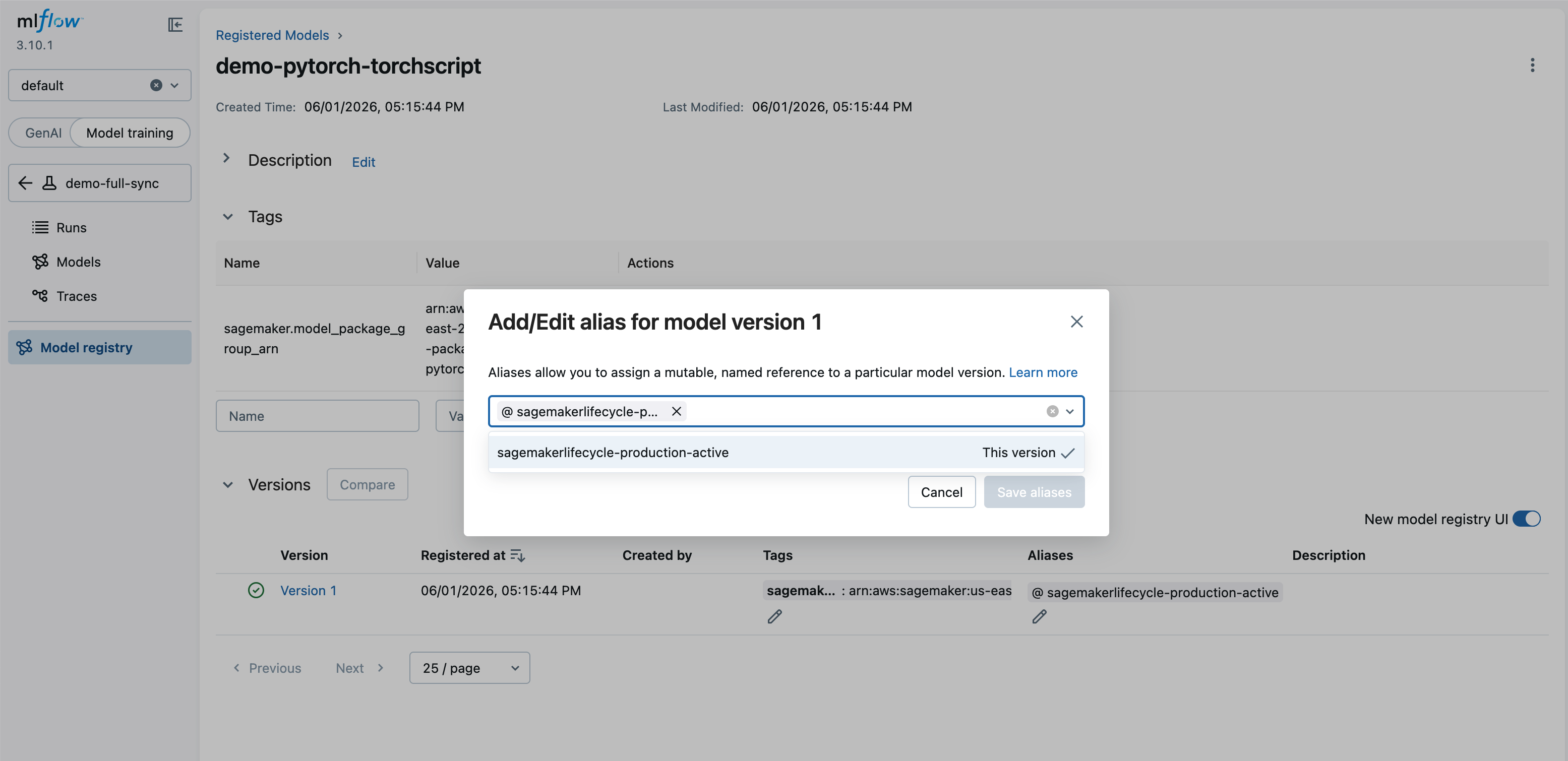 Festlegung eines Lifecycle-Alias in der MLflow-Benutzeroberfläche.