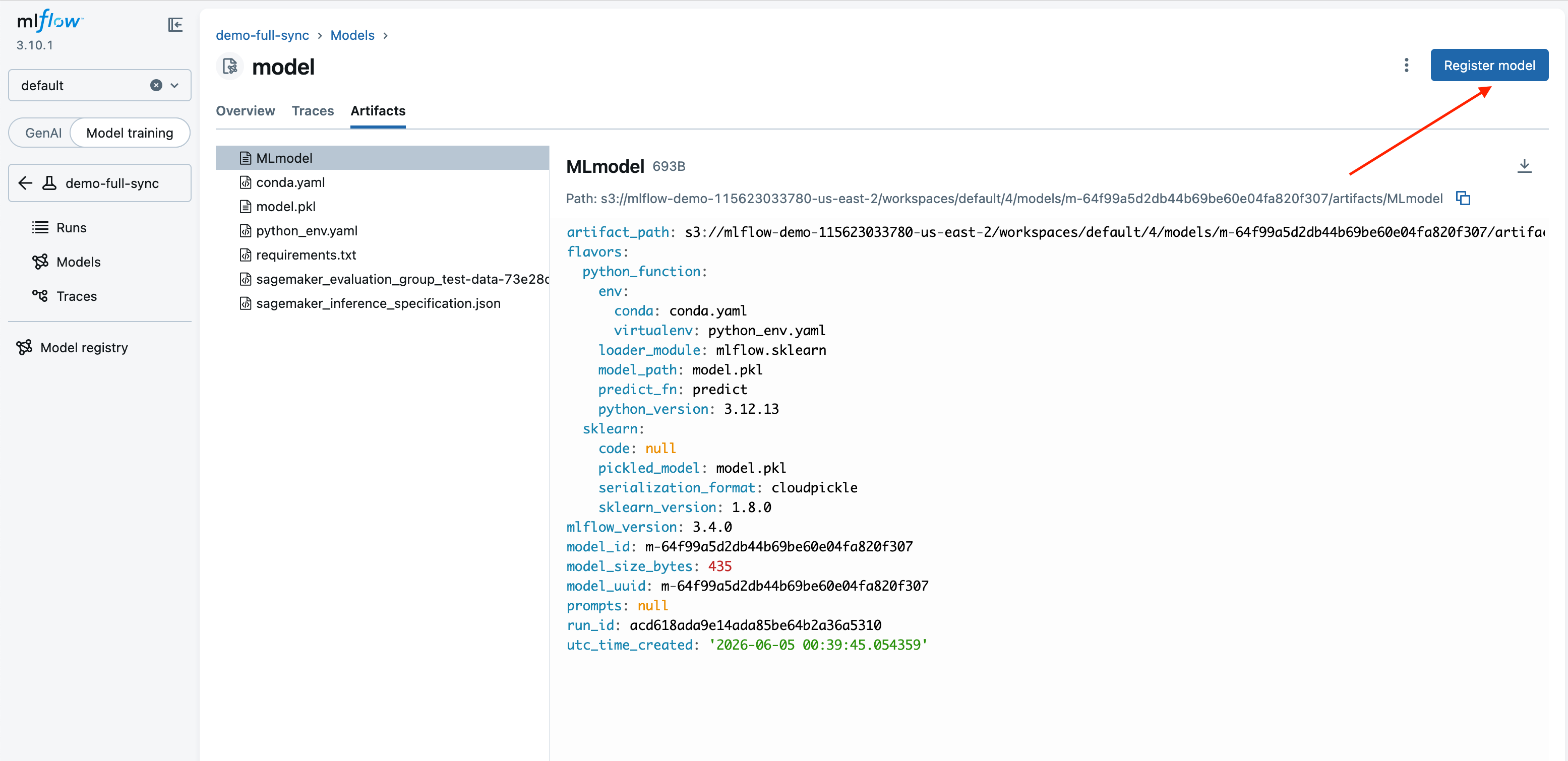Registrieren Sie eine Modellversion von der MLflow-Ausführungsseite aus.