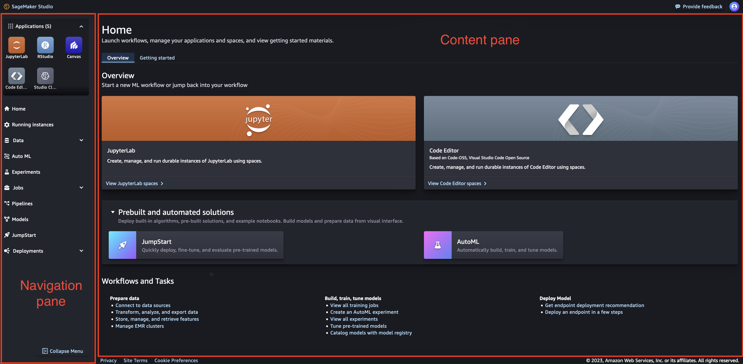 Startseite von Amazon SageMaker Studio mit Navigationsbereich und Inhaltsbereich (Hauptarbeitsbereich).