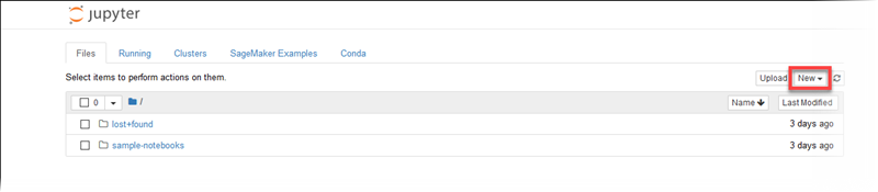 Position der Dropdown-Liste Neu im Jupyter-Notebook-Dashboard.