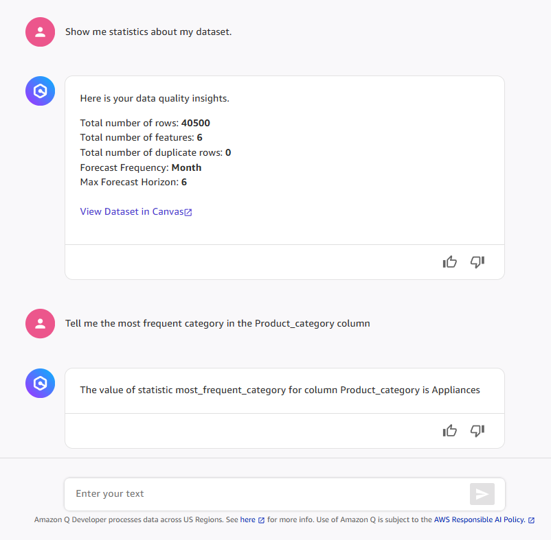 Chat-Dialog, in dem Q Developer gebeten wird, Datenstatistiken und die häufigste Kategorie-Statistik bereitzustellen.