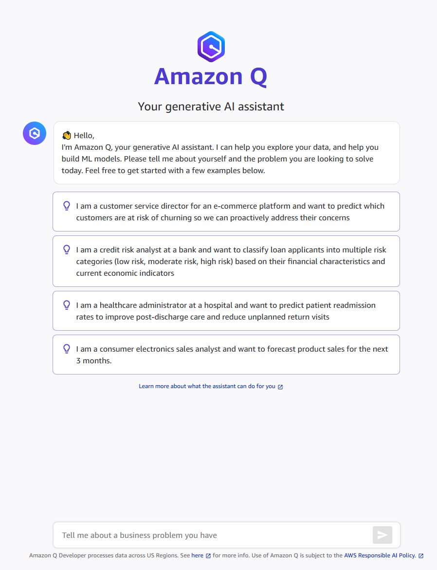 Die Begrüßung, die Q Developer Ihnen beim Starten eines neuen Chats gibt.