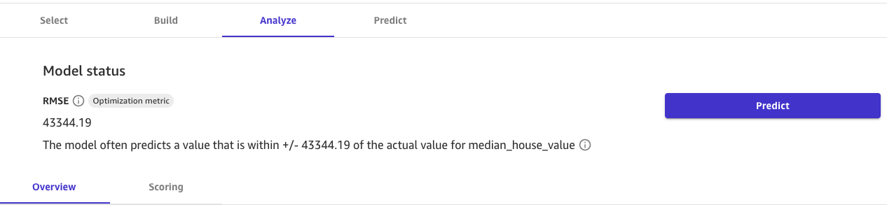 Screenshot der RMSE-Optimierungsmetrik auf der Registerkarte Analysieren in Canvas.