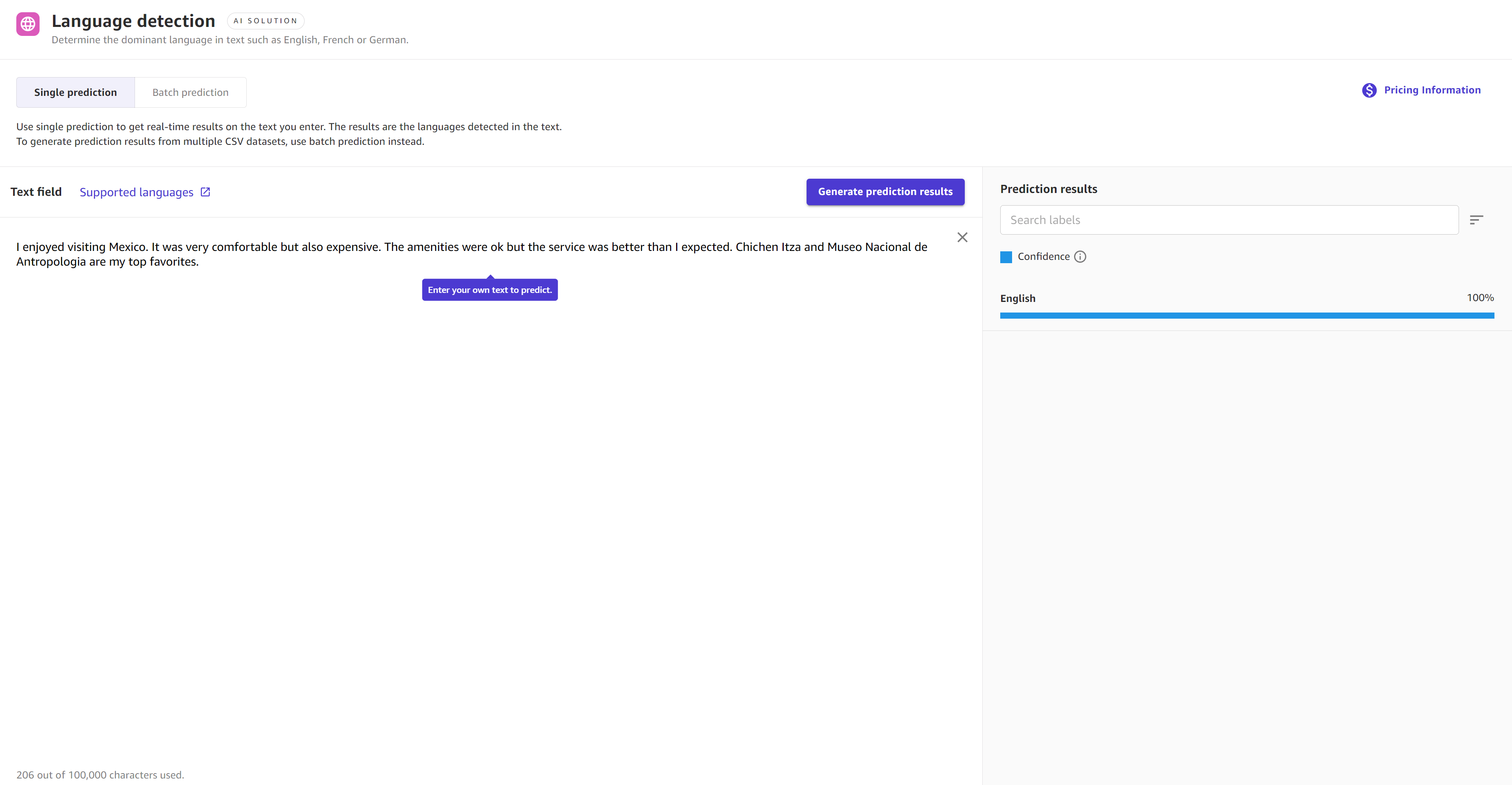 Screenshot der Ergebnisse einer einzelnen Vorhersage mit dem Ready-to-use Spracherkennungsmodell.