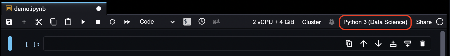 Die Position des aktuellen Kernels und des aktuellen Images in der Menüleiste eines Studio Classic-Notebooks.