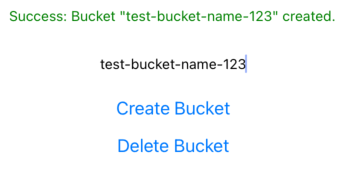 Bucket creation success message with options to create or delete a bucket.