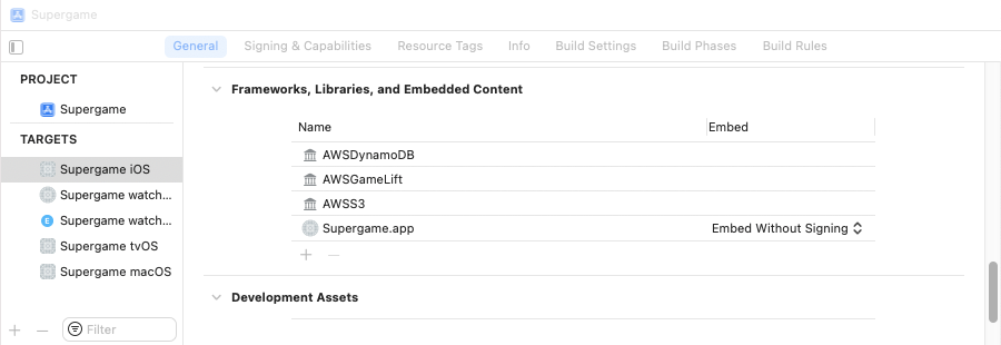 The Xcode target's list of libraries, including AWS libraries.