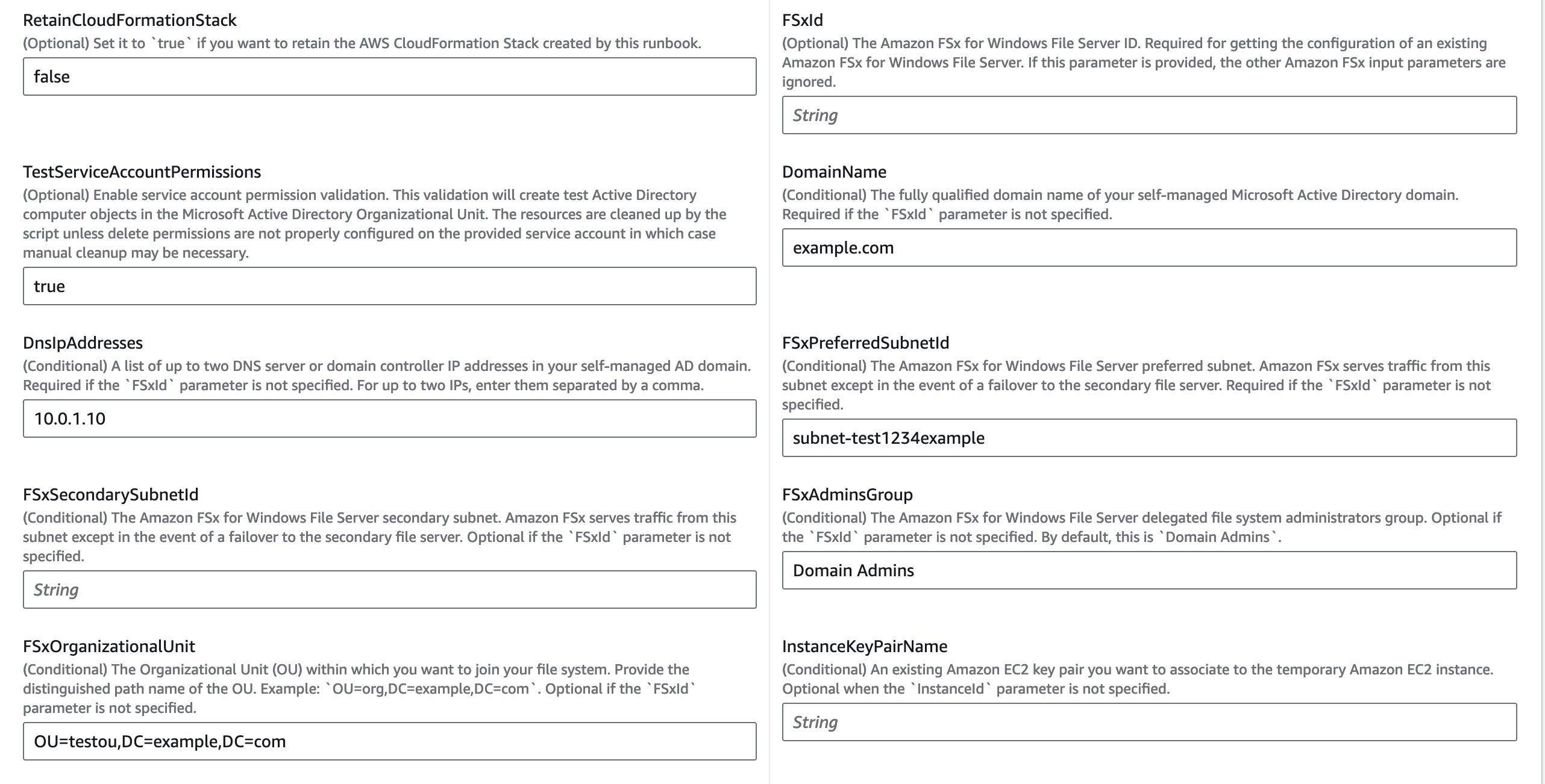 Form fields for configuring Amazon FSx for Windows File Server and related AWS-Services.