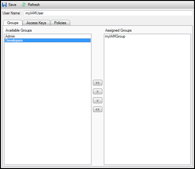 User interface for managing IAM groups, showing available and assigned groups for myIAMUser.