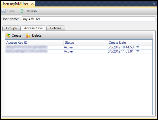 IAM-Benutzer details window showing Access Keys tab with two active keys and their creation dates.