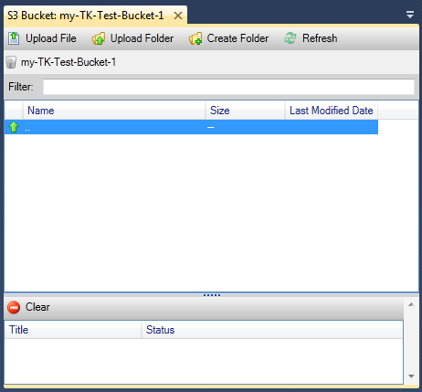 Empty S3 bucket interface with options to upload files, create folders, and view status.