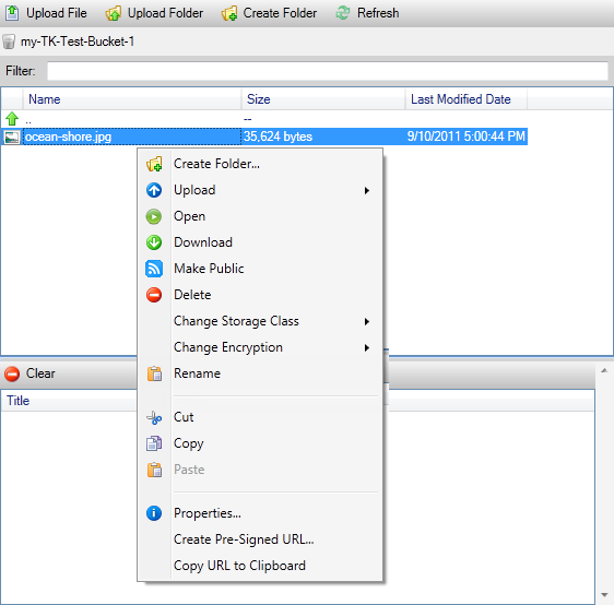 Context menu for a file in Amazon S3 view, showing options like Upload, Download, and Delete.