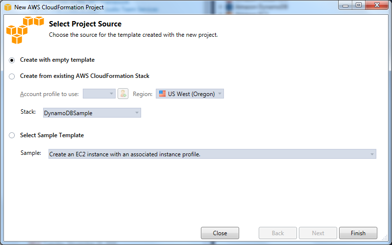 CloudFormation project creation window with options for template source selection.