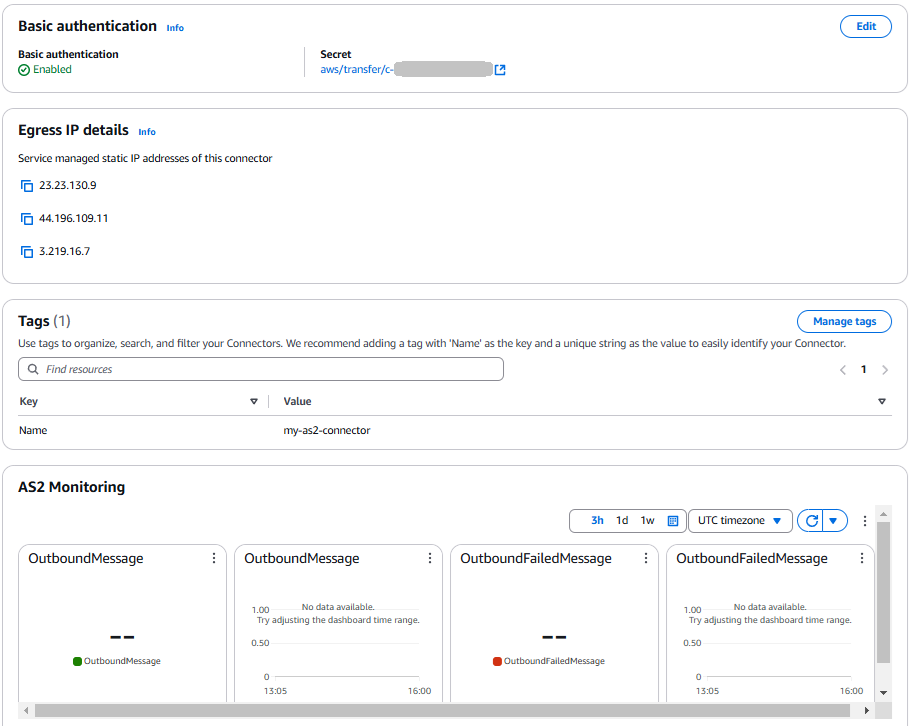 Die Seite mit den Connector-Details der Transfer Family Family-Konsole, auf der Details, Tags, statische IP und AS2 Überwachungsinformationen für den ausgewählten Connector zum Abschnitt AS2 Standardauthentifizierung angezeigt werden.