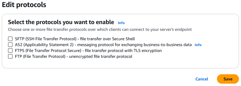 Liste der verfügbaren Protokolle: SFTP, FTP, FTPS und. AS2 Sie können eines oder mehrere auswählen.