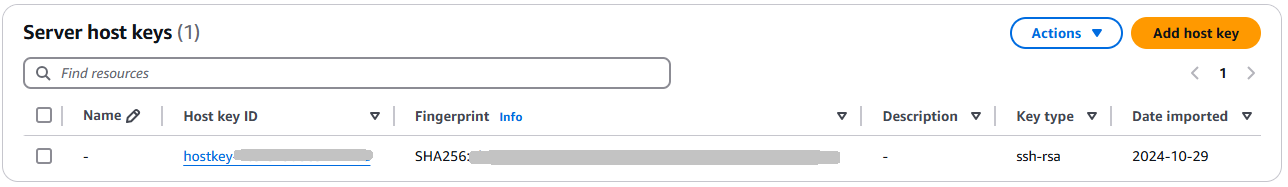 Die Konsolenseite mit den Serverdetails, auf der die Server-Host-Schlüssel für einen Server angezeigt werden.