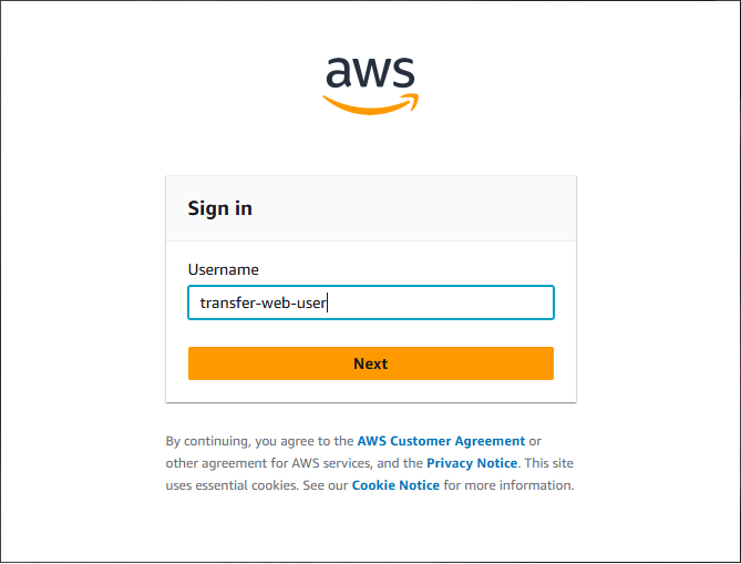 Bildschirm, auf dem der AWS Anmeldebildschirm angezeigt wird.