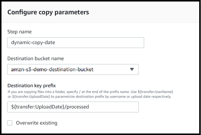 Parameterbildschirm für einen Kopierschritt, auf dem der Bucket und der Schlüssel angezeigt werden, parametrisiert mit. UploadDate