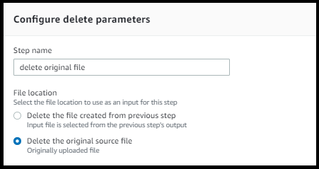 Workflow-Bildschirm mit den Details für einen Löschschritt.
