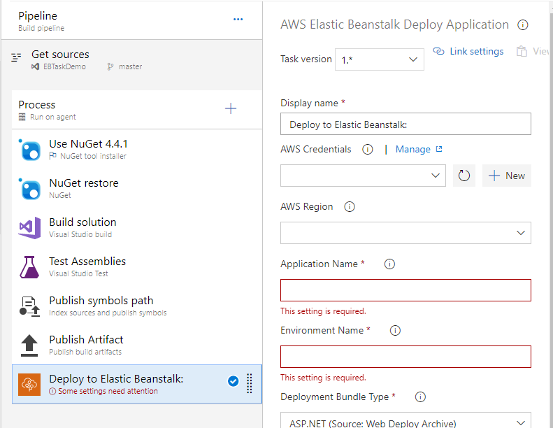 AWS Elastic Beanstalk Deploy Application Task in Position