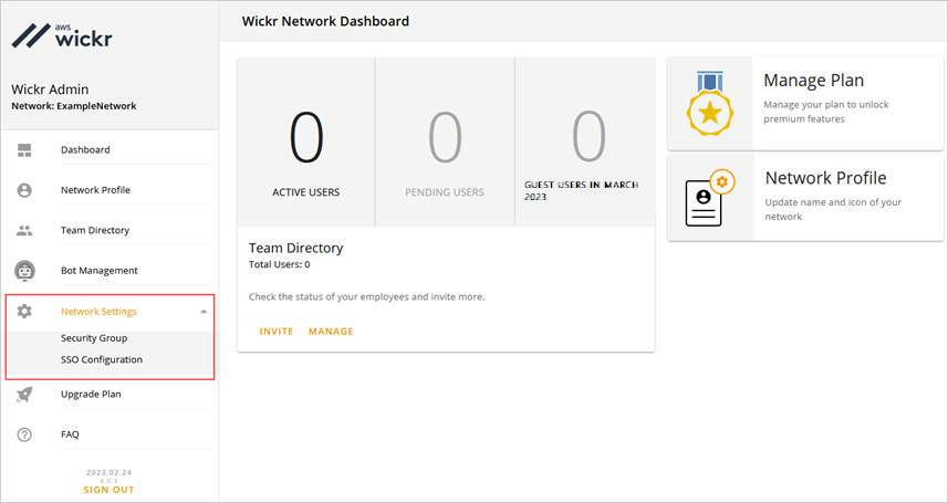 The Wickr Network Dashboard page of the Wickr Admin Console.