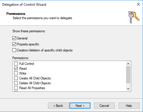 Delegation of Control Wizard - Under Show these permissions, general, property-specific, and read are selected.