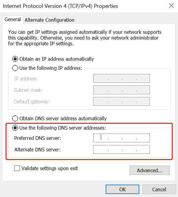 The Internet Protocol Version 4 (TCP/IPv4) Properties dialog box with the preferred DNS server and alternative DNS server fields highlighted.