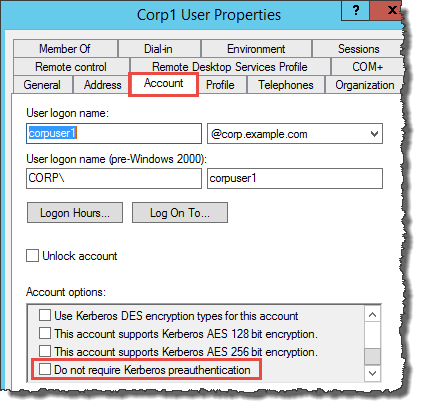 Corp User Properties dialog box with the account option do not require Kerberos preauthentication highlighted.